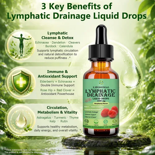 Vista 3 de Gotas de drenaje linfático liposomal Soporte del sistema linfático herbario 18 en 1 w. Echinacea Elderberry Dandelion Burdock Root Cleavers for