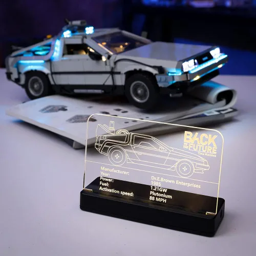 Vista 5 de Kyglaring Placa de identificación de acrílico transparente brillante con base de potencia diseñada para Lego Creator Expert Back to The Future Time