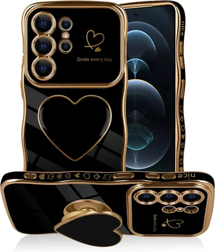 Vista 13 de Funda para Samsung Galaxy S23 Love-Heart Holder Case Cute Black Luxury Wave Frame forma rizada con corazón de amor, cubierta protectora de TPU suave