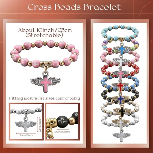 Vista 2 de Huquary 48 pulseras de rosario de cruz de ala de ángel acrílicas, pulseras de cuentas de cruz de ala de ángel para mujeres y hombres, Navidad