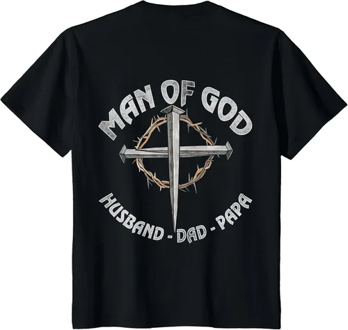 Vista 28 de Man of God Husband Dad Papa Christian Fathers Day (On Back) T-Shirt Asphalt Grey