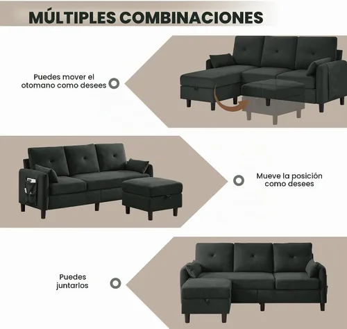 Vista 7 de Sofá en forma de L, sofás seccionales para sala de estar, sofá pequeño con almacenamiento