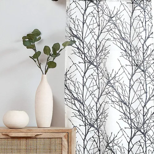 Vista 4 de FMFUNCTEX Cortinas de cenefa de ventana con estampado de ramas de árbol negro, cenefa corta semitransparente blanca para cocina, baño, bolsillo
