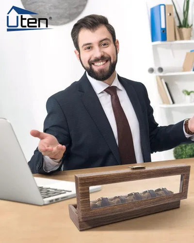 Vista 7 de Uten Caja de reloj con 6 ranuras, organizador de caja de reloj con tapa de vidrio real, caja de almacenamiento de cuero sintético de grano de madera