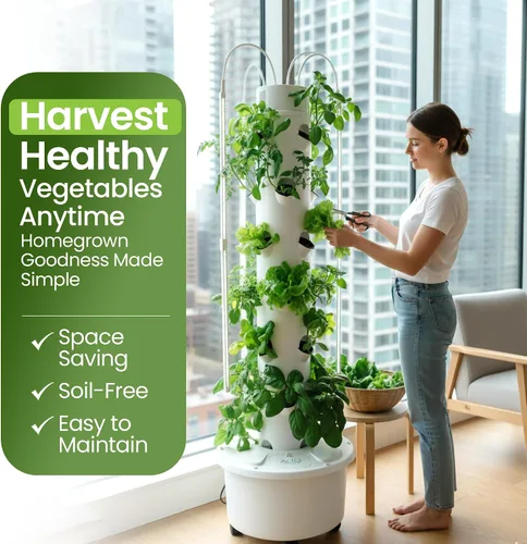 Vista 2 de Torre Hidropónica GX Torre Plantadora Vertical Kit de Sistema de Cultivo Hidropónico Grado Alimentario con 24 Macetas de Red