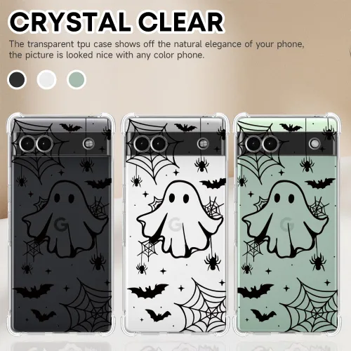Vista 3 de Funda de Halloween para Google Pixel 6A transparente con diseños de murciélagos fantasmas, funda para teléfono para niñas, elegante, delgada, a