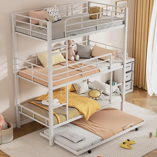 Vista 11 de Anwick - Litera de metal, litera triple para niños, adolescentes, adultos, niñas, niños, litera desmontable que se puede dividir en 3 camas Negro