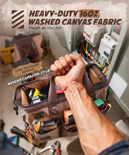 Vista 9 de ARCFOX Bolsa de herramientas portátil de 14 pulgadas para electricistas con 21 bolsillos - Bolsas de herramientas de lona resistente de 16OZ