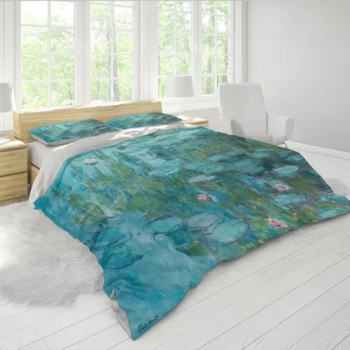 Vista 2 de Juego de funda de edredón Monet Water Lily - 1 funda nórdica con 2 fundas de almohada - 3 piezas Funda edredón con cierre de cremallera - Ultra