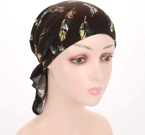 Vista 4 de Gorro de turbante de sueño con estampado de algodón elástico para mujer, bufanda de quimioterapia para pérdida de cabello con cáncer