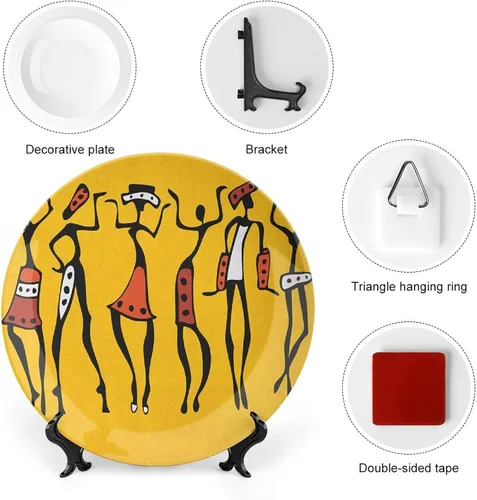 Vista 3 de Platos decorativos, adorno de impresión africana, personajes de bailarines africanos, gráficos felices, 10 pulgadas, decoración de pared de cocina