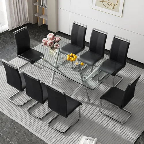 Vista 19 de Juego de 6 mesas de comedor de cristal, moderno juego de mesa de comedor de vidrio templado rectangular transparente de 71 pulgadas y 6 sillas