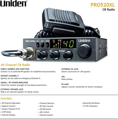 Vista 2 de Uniden PRO520XL Pro Series Radio CB de 40 canales Diseño compacto Interruptor ANL e interruptor PACB 7 vatios de salida de audio y canal