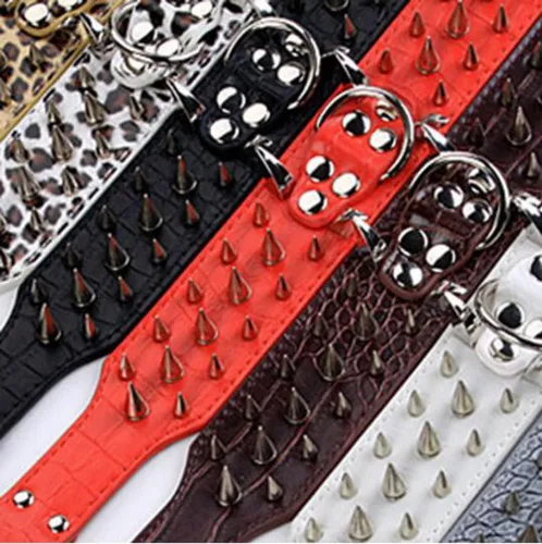 Vista 6 de Collar de perro con remaches de puyas afiladas 2 pulgadas de ancho, collares de cuero con estilo para perros medianos y grandes, Pitbull, Labrador