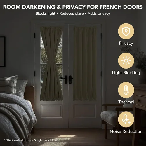 Vista 2 de Deconovo Cortina opaca para puerta de vidrio y luces laterales, panel de privacidad con aislamiento térmico con doble bolsillo para barra y Beige