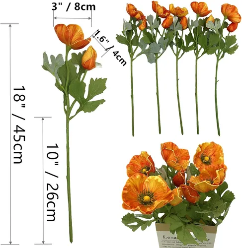Vista 2 de Ramo de flores de anémona artificial de tacto real, 5 uds, decoración para el hogar (naranja)