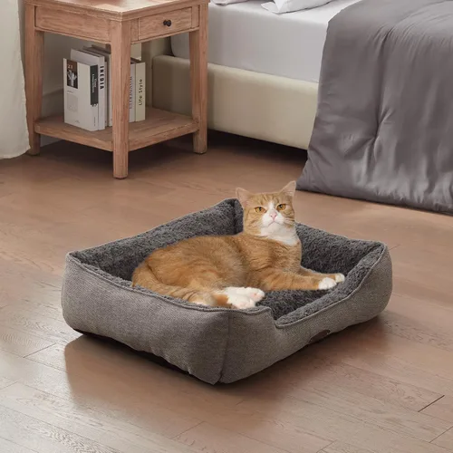 Vista 6 de Cama extra pequeña para perros y gatos, felpa de lujo, cómoda y duradera, lavable, rectangular, parte inferior antideslizante, tamaño 19 x 16 Gris