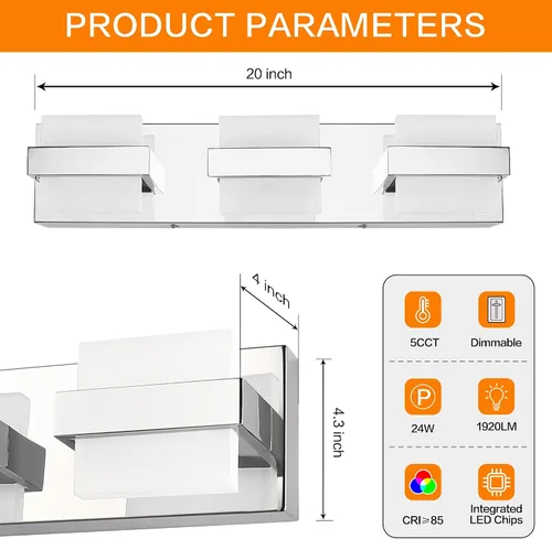 Vista 5 de SOLFART Lámpara de baño cromada de 3 luces, luz de tocador sobre el espejo, lámparas LED modernas, 5 colores de temperatura ajustable moderna