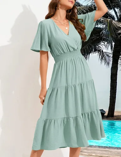 Vista 3 de KOJOOIN Women's Casual Wrap V Neck Midi Dress Long Sleeve Smocked Waist Tiered A Line Pleated Flowy Long Dress