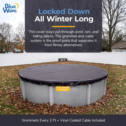 Vista 2 de Blue Wave Cubierta redonda de piscina para invierno de 18 pies, grado Bronce, 8 años – Polietileno duradero y resistente al clima – 4 pies