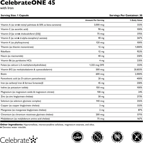 Vista 3 de Celebrate Vitamins CelebrateONE 45, 45 mg de hierro, multivitamínico bariátrico una vez al día, vitaminas y minerales esenciales, bypass gástrico