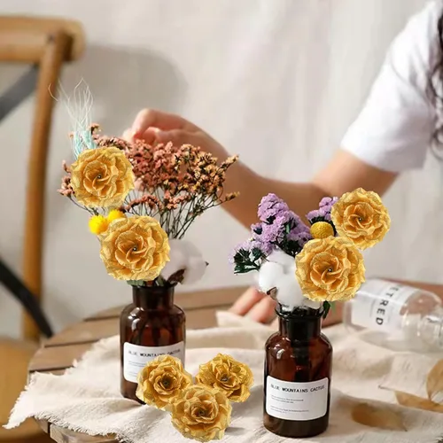 Vista 9 de Youeon 100 cabezas de rosas artificiales doradas de 3.5 pulgadas con tallos, cabezas de flores sintéticas de rosa de seda a granel para ramos