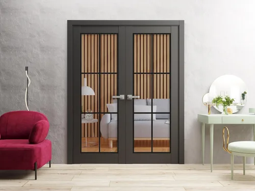 Vista 2 de Puertas dobles francesas sólidas de 48 x 84 pulgadas Lucia 2366 vidrio transparente negro mate Marcos de panel sólido de madera Puertas Blanco
