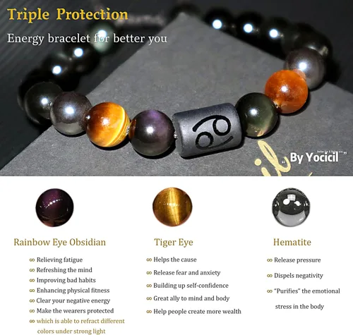 Vista 3 de Pulseras de la amistad, pulsera de obsidiana negra arcoíris para mujeres y hombres, 0.394 pulgadas (0.394 in), ojo de tigre, hematita y cristal