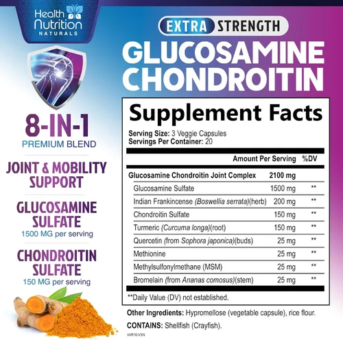 Vista 2 de Complejo de glucosamina condroitina MSM - Suplemento de apoyo articular de fuerza 3X con sulfato de glucosamina, cúrcuma, boswellia - Para