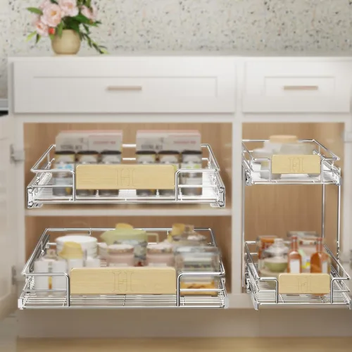 Vista 8 de LOVMOR Organizador de gabinete extraíble con mango de madera, 16½ pulgadas de ancho x 21½ pulgadas, organizador deslizante para cocina, despensa