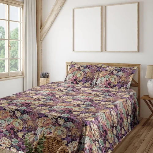 Vista 10 de Ambesonne Juego de sábanas vintage, diseño de curvas de inspiración victoriana, estampado de hojas y flores, sábana bajera y encimera con fundas