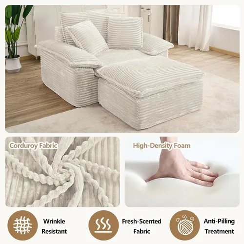 Vista 6 de Tumbona de 47 pulgadas para interiores, moderno sofá cama sin huesos con otomana, silla de asiento profundo con almohadas, cómodos sofás seccionales