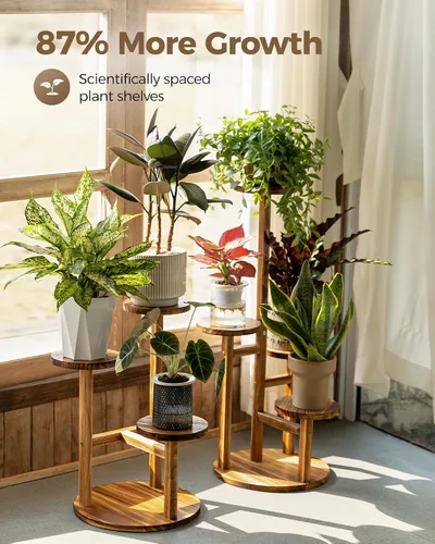 Vista 5 de Bamworld Soporte para plantas de interior, soporte de madera de 4 niveles para múltiples plantas, soportes de esquina altos para plantas al aire