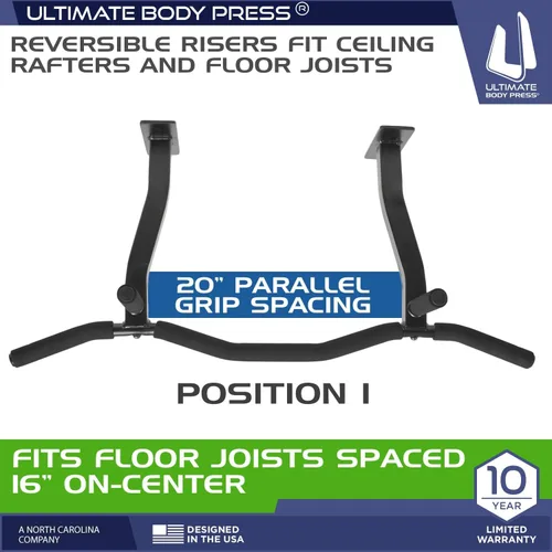 Vista 2 de Ceiling Mount Pull Up Bar with Reversible Risers for 16 and 24 Inch Joists with Optimum Grip Spacing by Ultimate Body Press