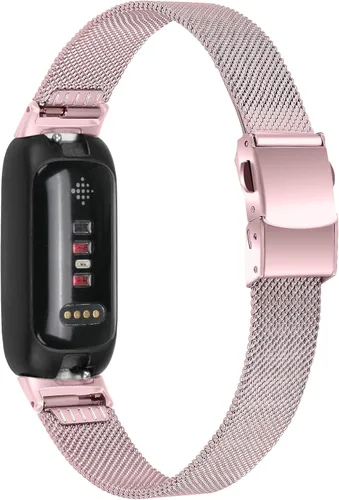 Vista 2 de FitTurn Correa de metal compatible con Fitbit Inspire 3, correa de repuesto de malla de acero inoxidable de liberación rápida para reloj Fitbit rosa