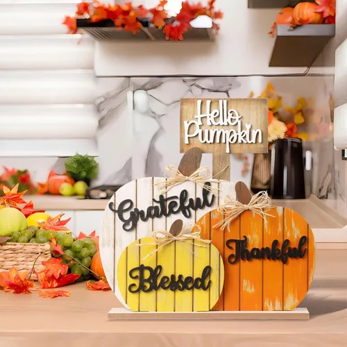 Vista 5 de SY Super Bang Decoraciones de Otoño para el Hogar, Letrero Rústico de Madera Bendecido Agradecido Afortunado de Calabaza para Mesa, Decoración