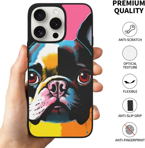 Vista 3 de Funda estampada de bulldog francés colorido para iPhone 15 Pro Max, vidrio suave a prueba de golpes, TPU para iPhone 15 Pro Max de 6.7 pulgadas,