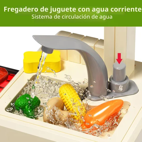 Vista 4 de Pupu Pig Juego de cocina para niños, cocina de juego con estufa de juguete, parrilla, fregadero, comida de juguete, accesorios de cocina, juego