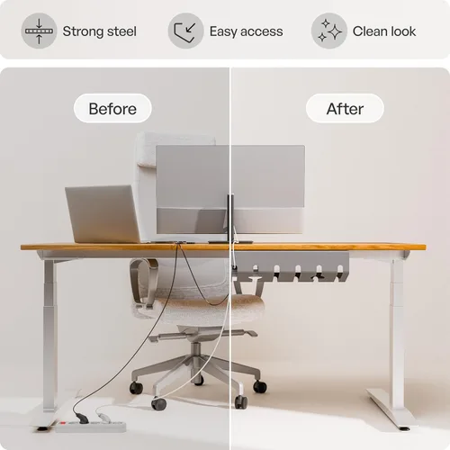 Vista 4 de PAMO Organizador de cables debajo del escritorio para un fácil montaje debajo de la mesa I Juego de 2 – con 10 bridas para cables I Organizador