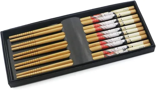 Vista 11 de Juego de 5 pares de palillos de bambú, reutilizables, estilo japonés, antideslizantes, juego de palillos clásicos de bambú natural, aptos