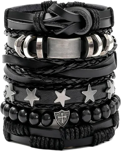 Vista 8 de MILAKOO Juego de pulseras punk de piel sintética para mujeres y hombres, remaches tachonados, calavera y estrella, pulseras para accesorios