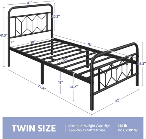 Vista 2 de Yaheetech Armazón de Cama de Plataforma Metálica Base de Colchón con Cabecero/Pie de Cama con Patrón de Diamante/Soporte de Listones de Acero