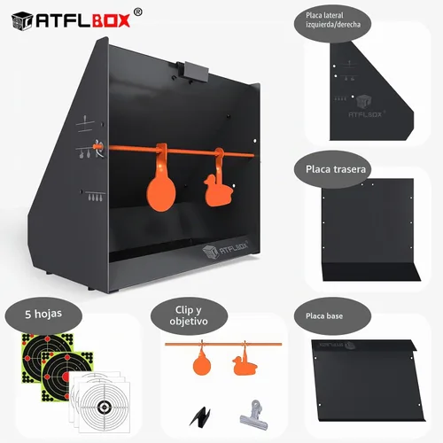 Vista 5 de Atflbox Trampa para Perdigones con Blancos de Papel Bullseye de Salpicaduras de 12''x12'' y Blancos de Tiro Giratorios para Calibre .177 .22