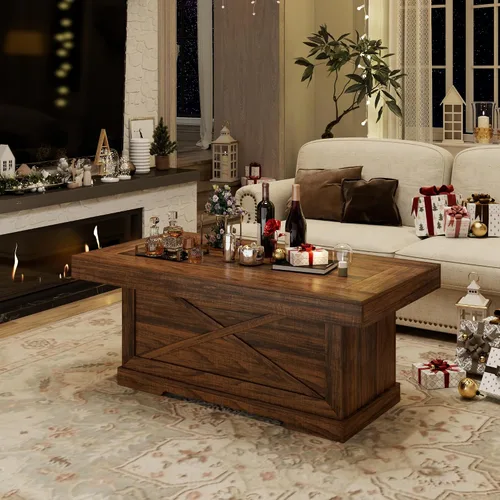 Vista 5 de Mesa de café Lareth 39 pulg. Mesa de centro rústica con pedestal de madera en X para sala de estar, ahorro de espacio, mesa de té de diseño