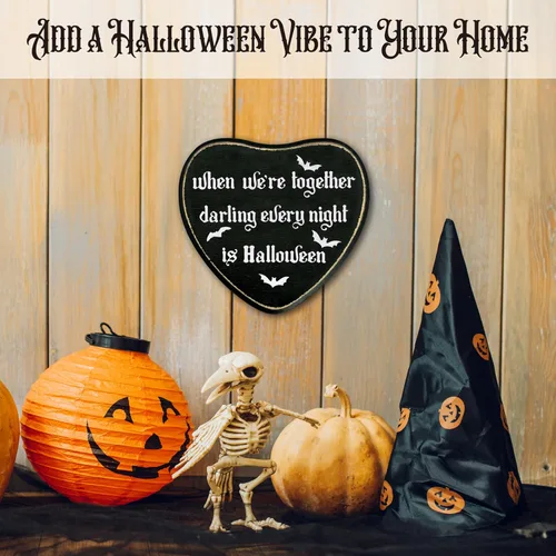 Vista 5 de Letrero de madera con forma de corazón gótico, cartel de «Every Night Is Halloween», arte de pared de madera gótico retro, decoración de placa