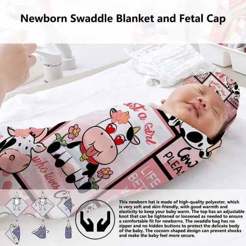 Vista 3 de Juego de mantas para recién nacido con gorro de Who Love Cows, manta de recepción para recién nacido para niño y niña, saco de envolver para ducha