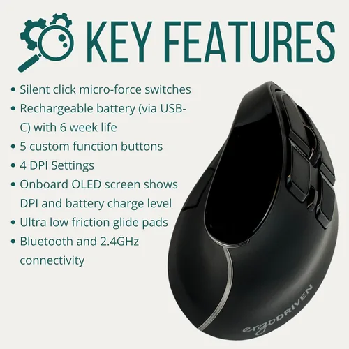 Vista 5 de Ergodriven Ratón ergonómico vertical Om Inalámbrico: Bluetooth y 2.4G Recargable, óptico, 4 niveles DPI, 5 botones personalizados para PC