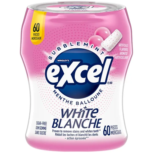 Vista 3 de Excel White Goma de mascar sin azúcar, Bubblemint, botella de 60 piezas, 6 quilates {Importado de Canadá}