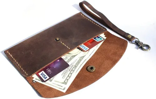 Vista 8 de Handmade Leather Wristlet Wallet with Card Slots Retro Multi-function Envelope Mobile Phone Card Holder Clutch Wallet with Hand Wrist Lanyard