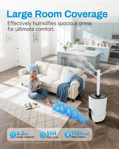 Vista 2 de Humidificador para habitación grande de 16 L/4.2 galones - Humidificador AILINKE para toda la casa para el hogar, 2000 pies cuadrados con 3